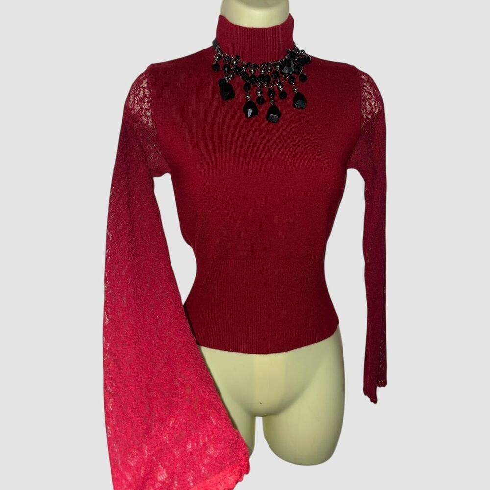 VTG Y2K Airport Dark Red Sheer Lace Sleeve Turtleneck Sweater Top Small